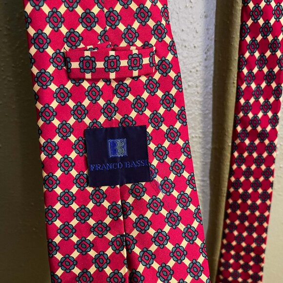 Franco Bassi Red & Gold Silk Tie with Teal Geometric Pattern – Made in Italy - Picture 3 of 4